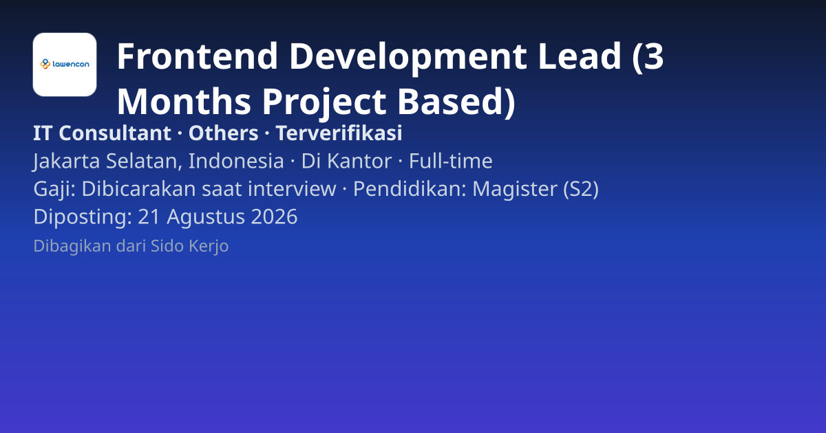 Lowongan Frontend Development Lead (3 Months Project Based) di PT Lawencon Internasional